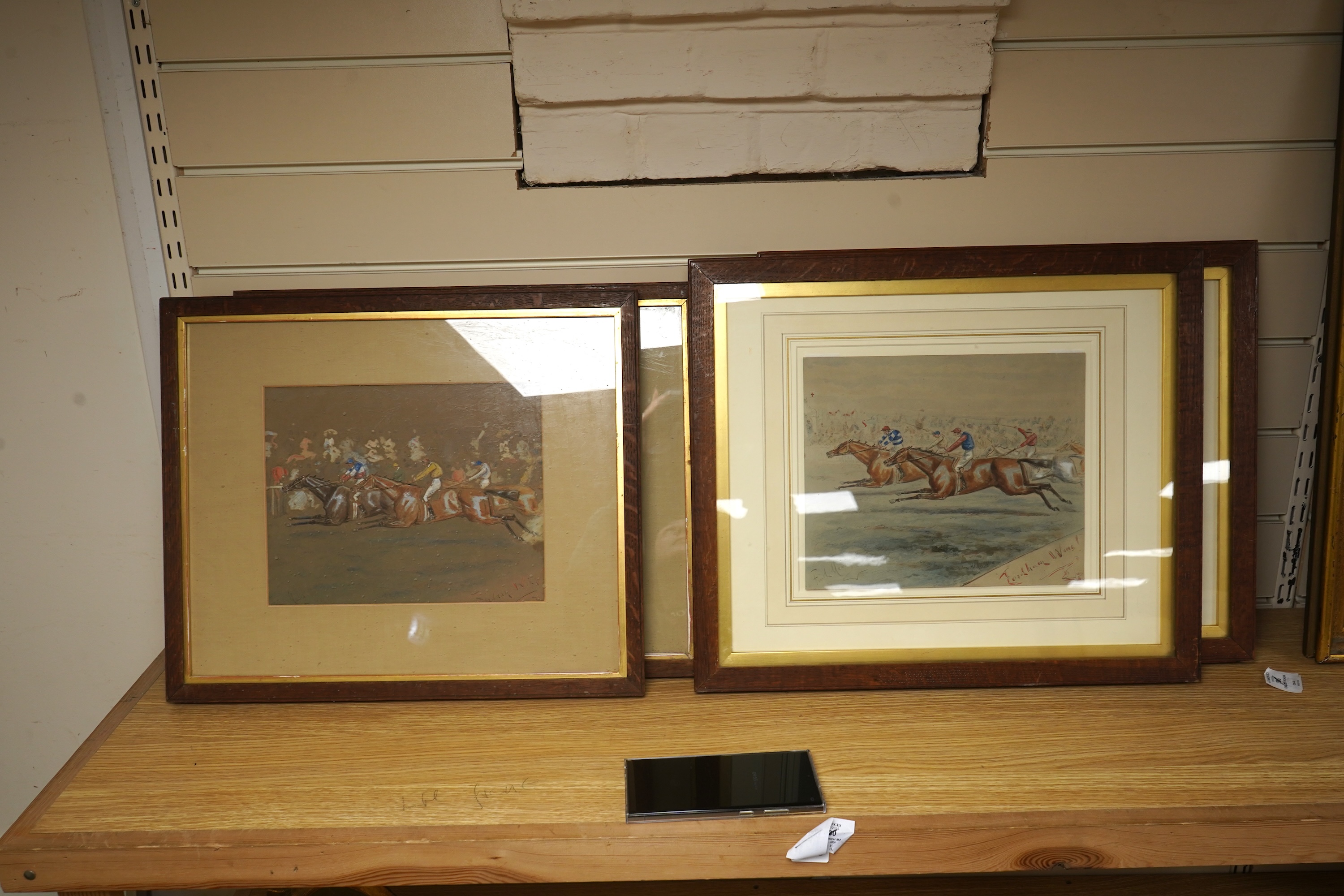 George Finch Mason (1850-1915), ‘Archer Wins!’ and ‘Findham Wins!’, each signed, pair of horse racing interest watercolours, 22 x 27cm together with George Finch Mason (1850-1915), Horse racing scenes, one titled ‘Fordli